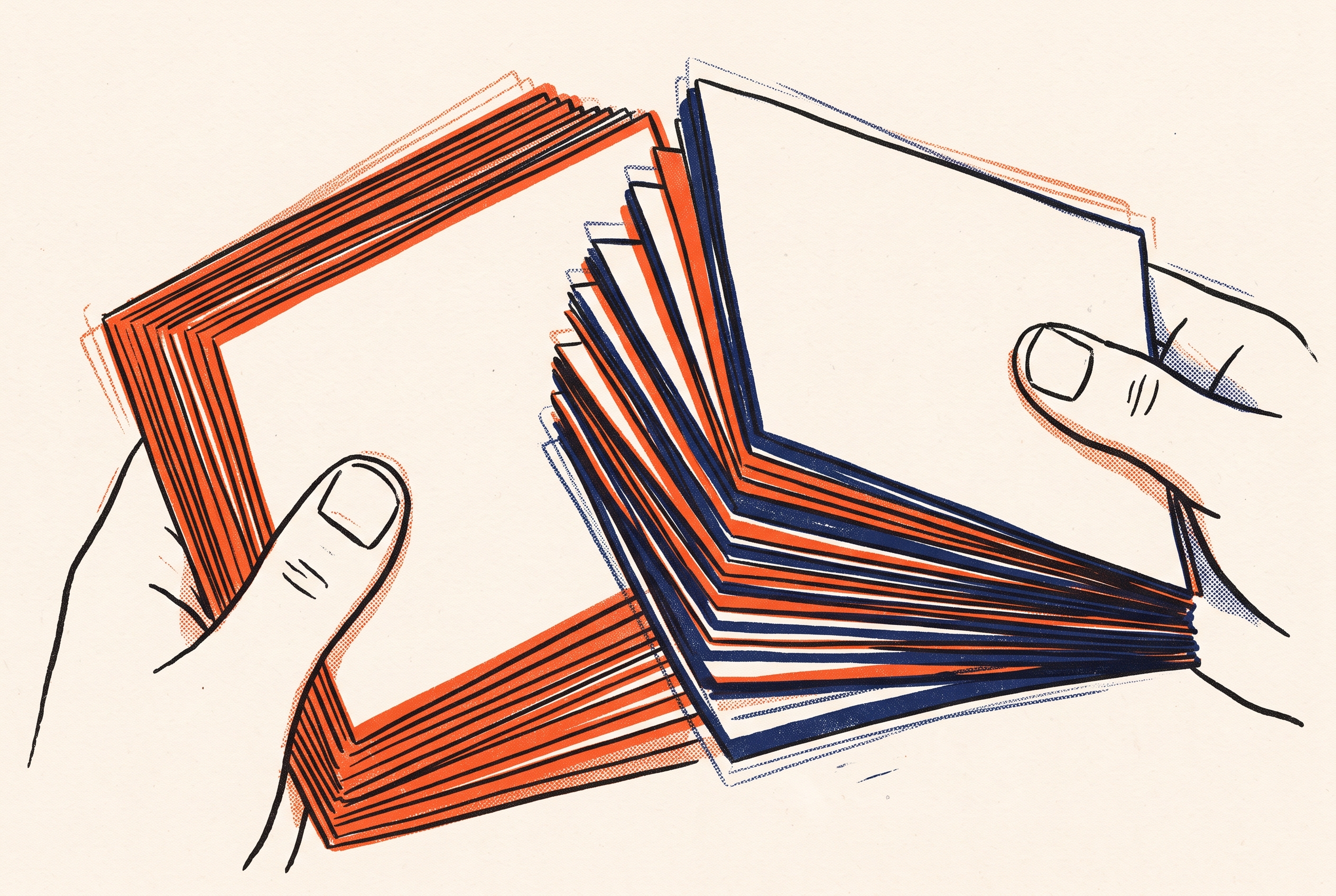 Two stacks of blank cards riffle-shuffling into one another