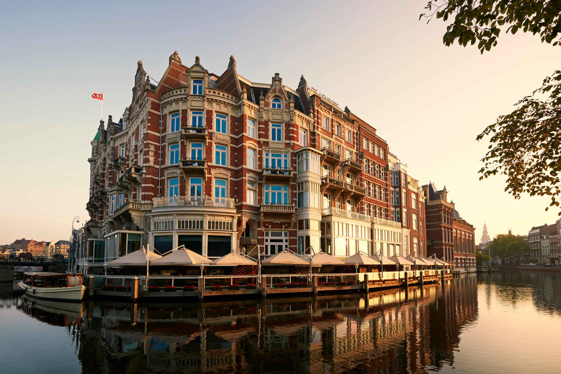 Hotel De L’Europe Amsterdam overlooking the Amstel at sunset