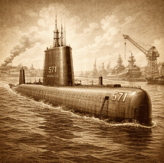 Vintage-style technical illustration of the USS Nautilus nuclear submarine in harbor waters, no people, no text