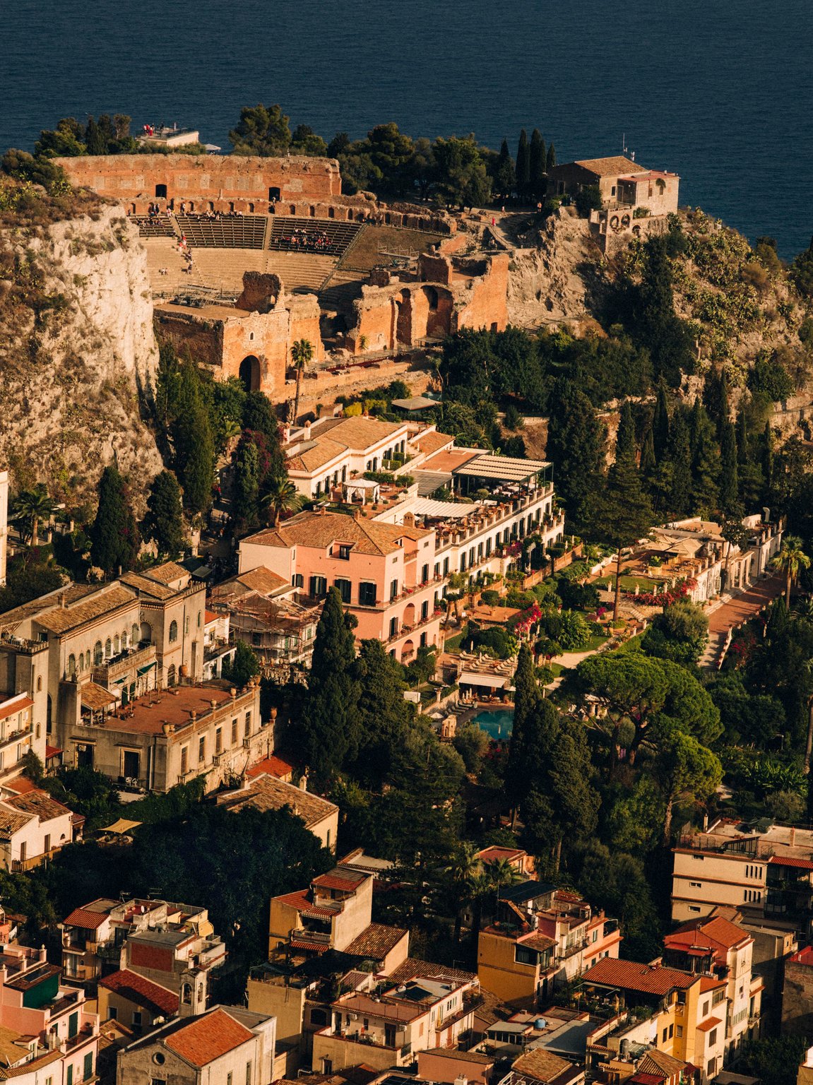 Aerial view of Taormina and its ancient theatre