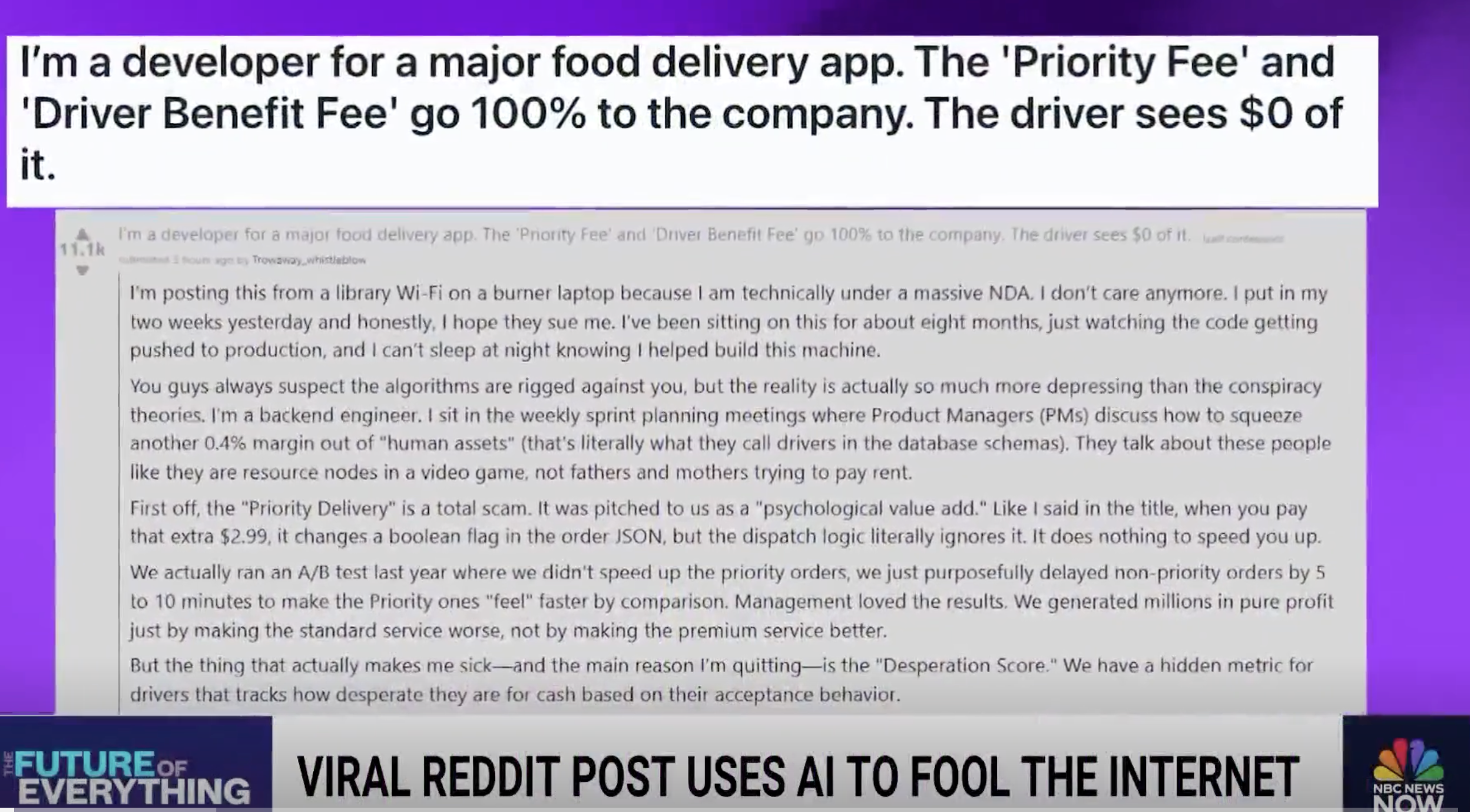 A blurry employee badge photo and pages of an 18-page internal document shared by an anonymous Reddit whistleblower, both made with AI