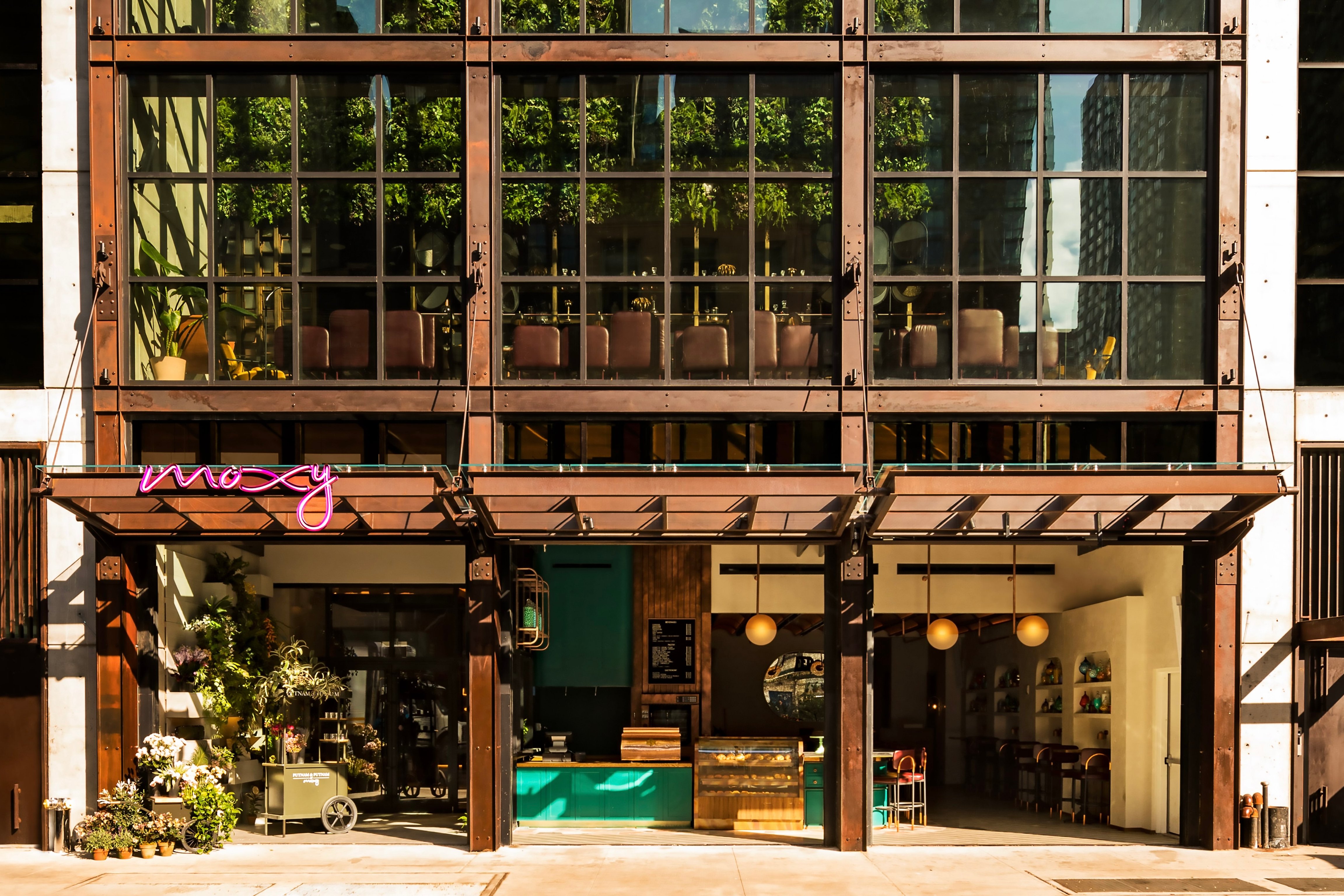 Street entrance to Moxy Chelsea in the Flower District