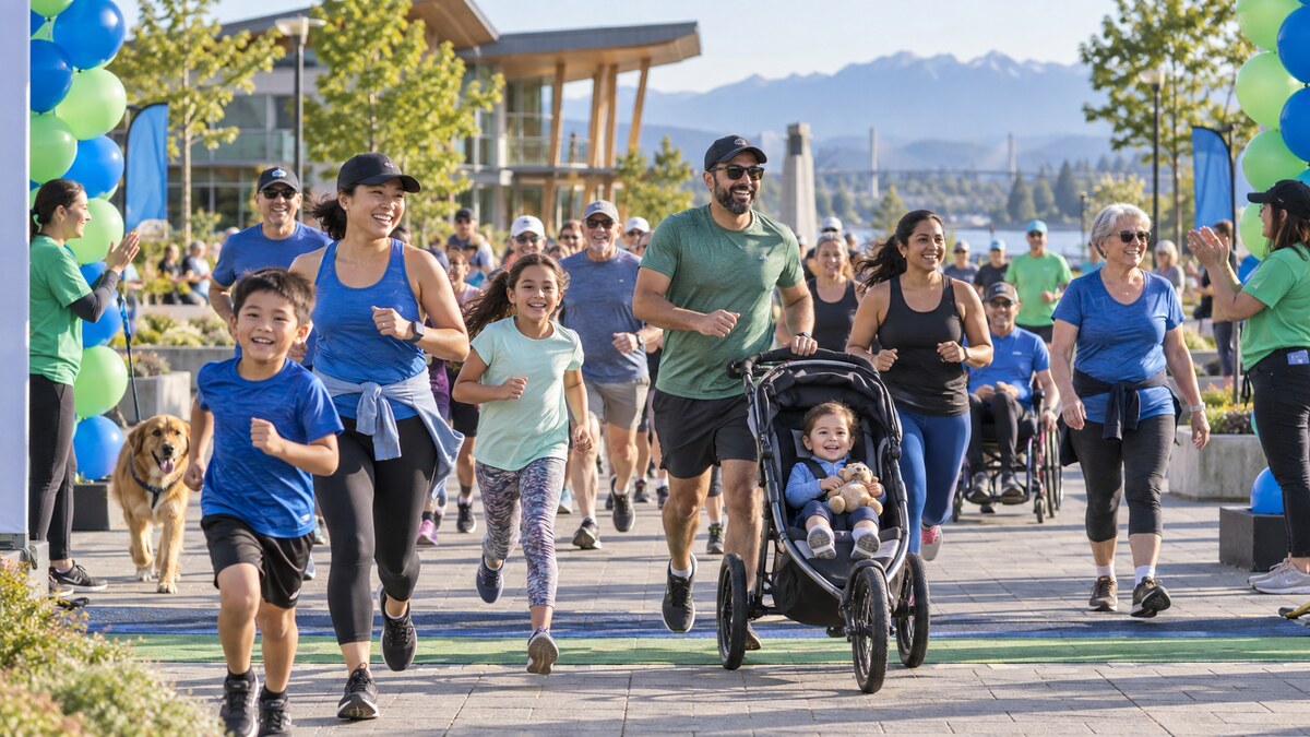Runners and families at Run for Delta 2026 in North Delta BC