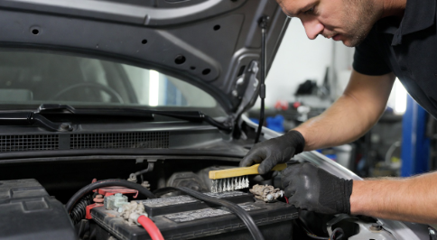 Cleaning car battery terminals with a wire brush