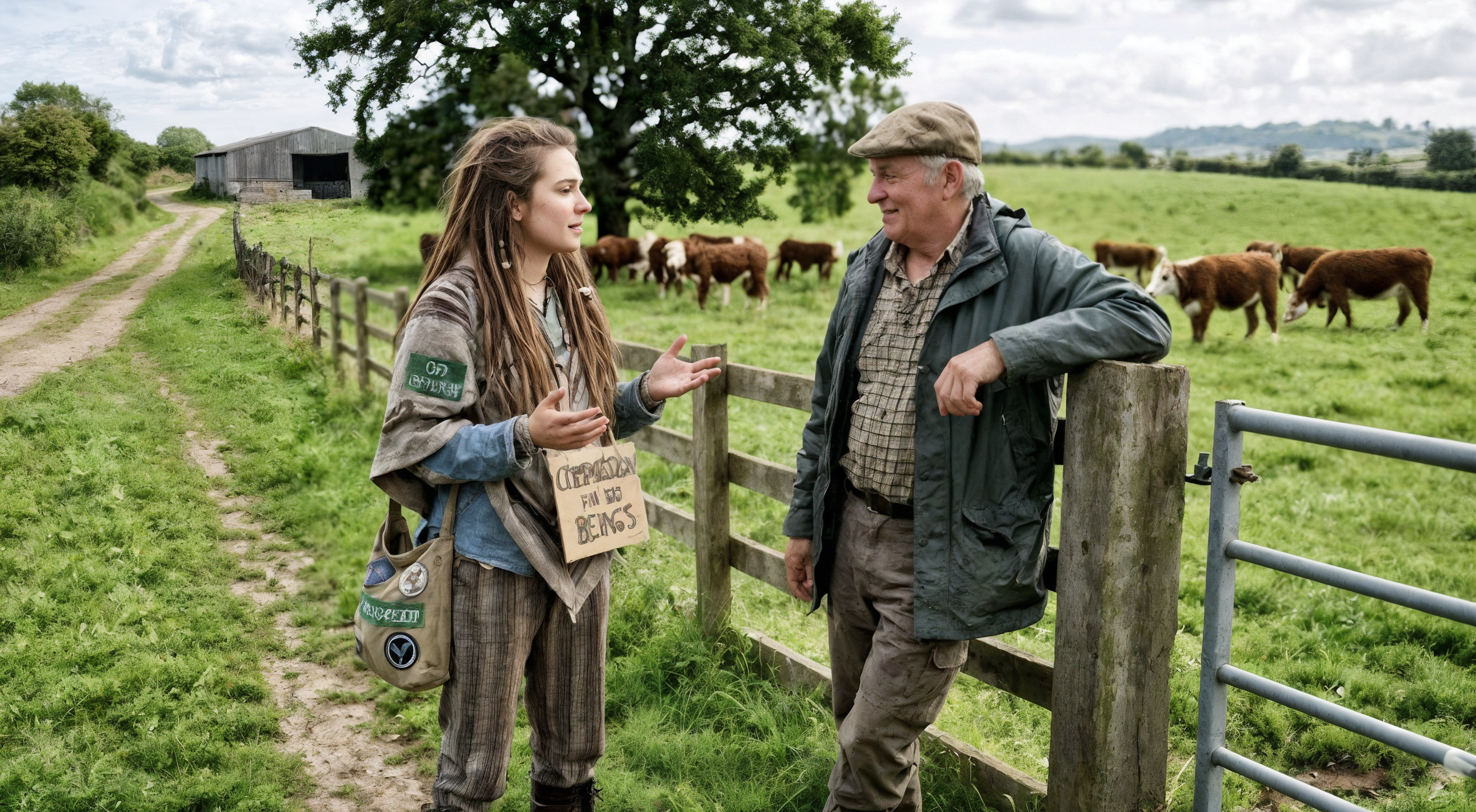 The same suspiciously photogenic farmer arguing with a different AI activist in a field full of identical cows