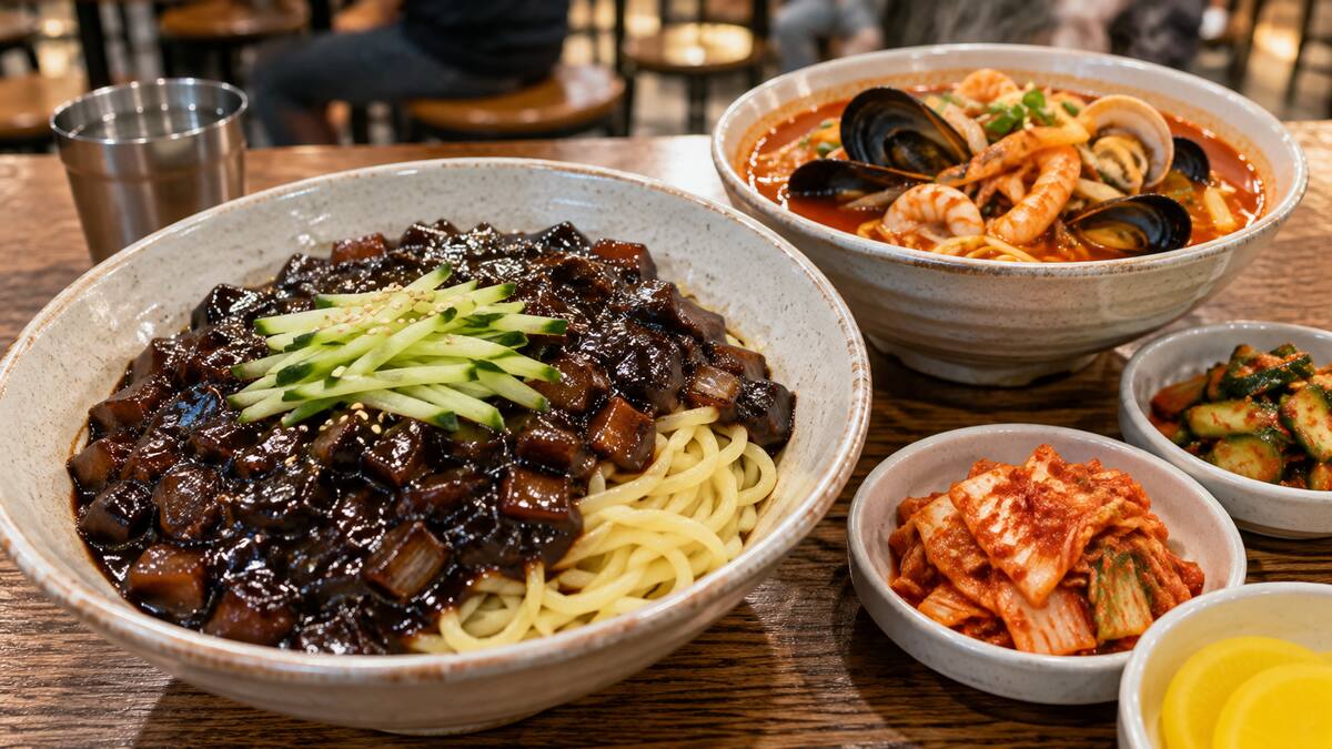 Korean jajangmyeon and spicy seafood noodle soup served in Richmond British Columbia