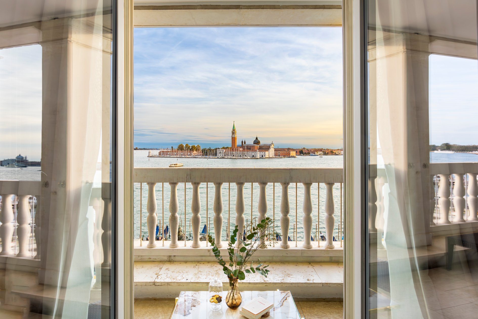 Balcony view across the lagoon toward San Giorgio Maggiore