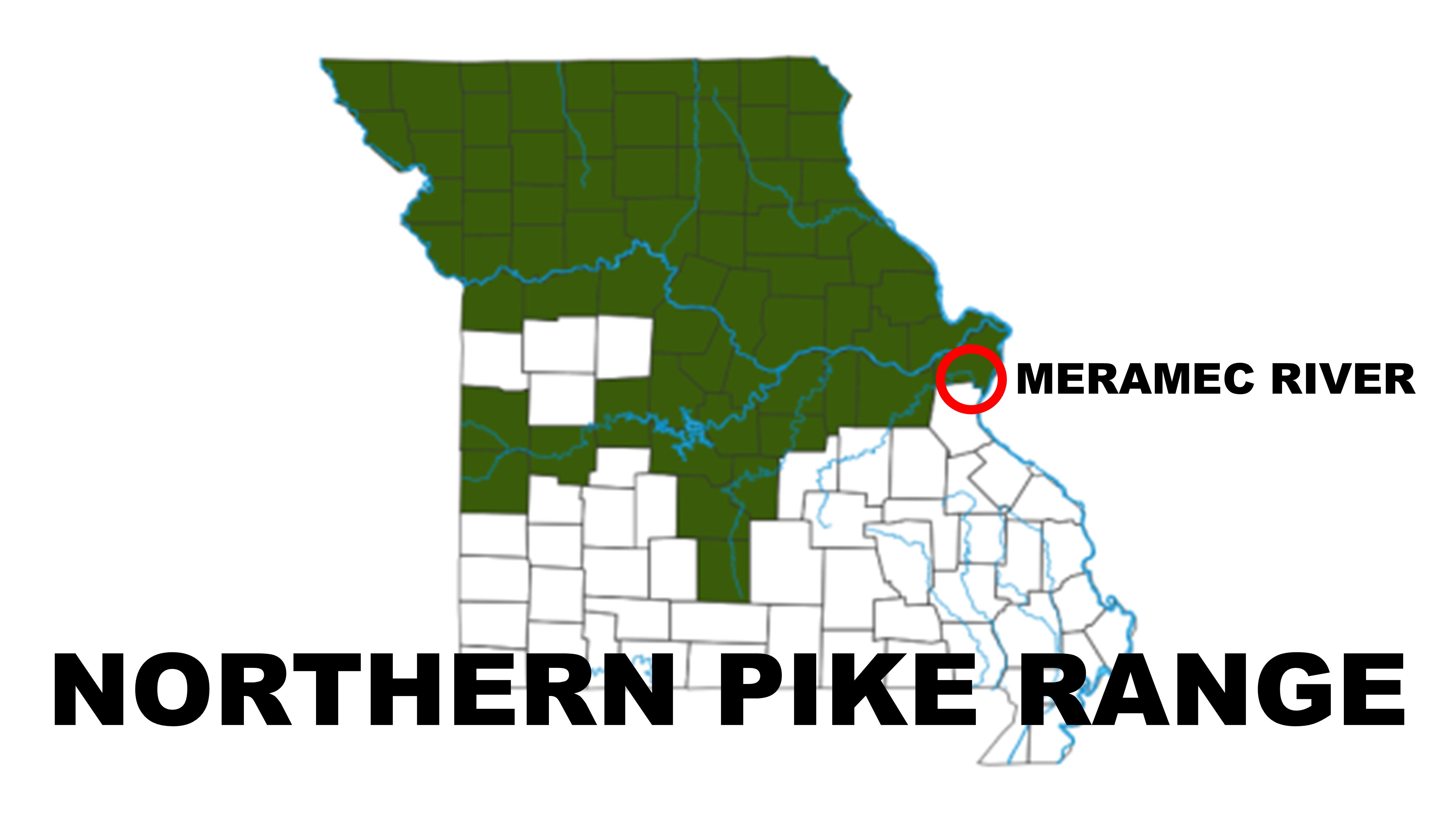 Map showing the range of northern pike in Missouri