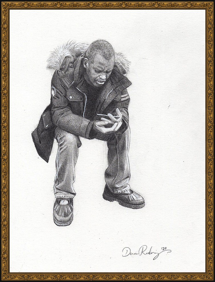Drawing of a man in a fur-hooded parka sitting hunched forward with his elbows on his knees, looking down at a phone in his hands, in grayscale pencil