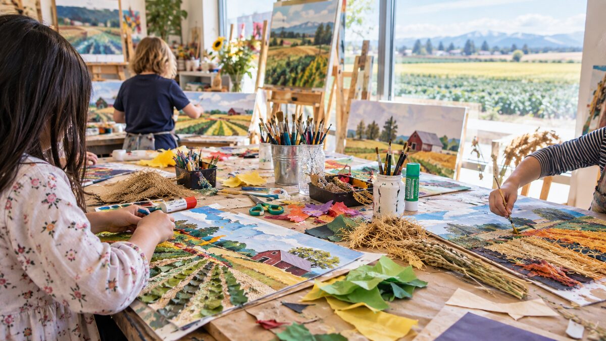 Photorealistic editorial illustration of children creating Delta farmland mixed-media art