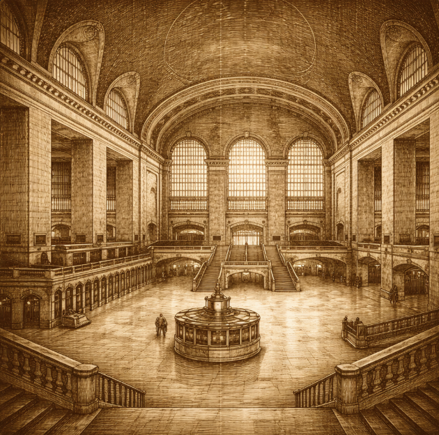 Early 20th-century grand train station interior with vaulted ceilings and architectural detailing, no people or text