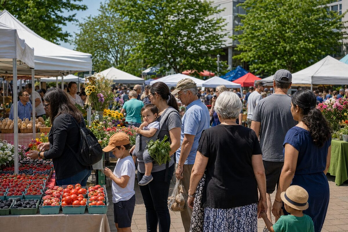 Families browsing fresh produce, flowers and handmade goods at an outdoor North Delta market