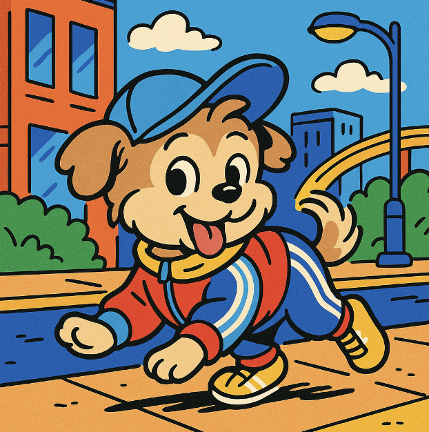 A small dog wearing colorful Adidas-style clothing, posed playfully in an urban setting - Vibrant colors, cartoon style with exaggerated content. An art style mix of Family Circus and The Jetsons.