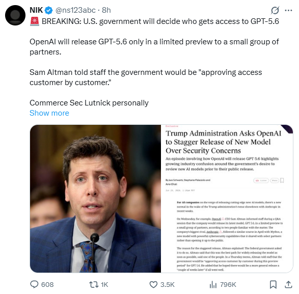 NIK post: BREAKING, U.S. government will decide who gets access to GPT-5.6