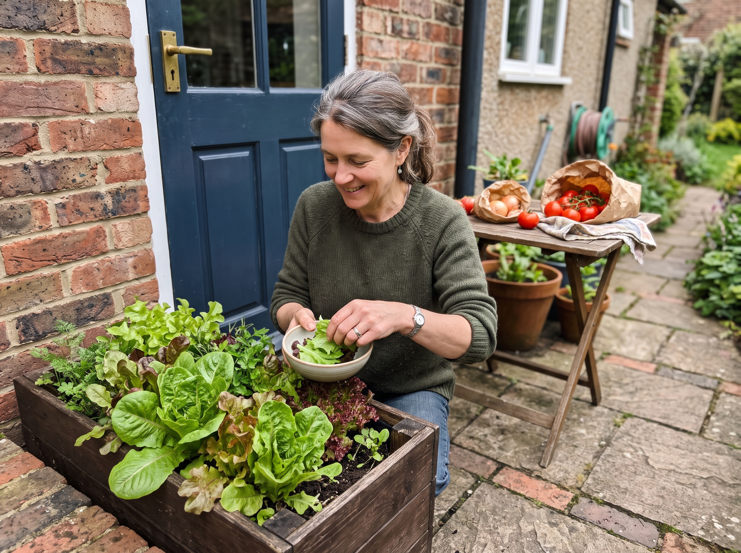 Illustrative scene: Smartphone photograph: 50-year-old woman picking healthy loose lettuce leaves from a compact patio container next to her ordinary kitchen door