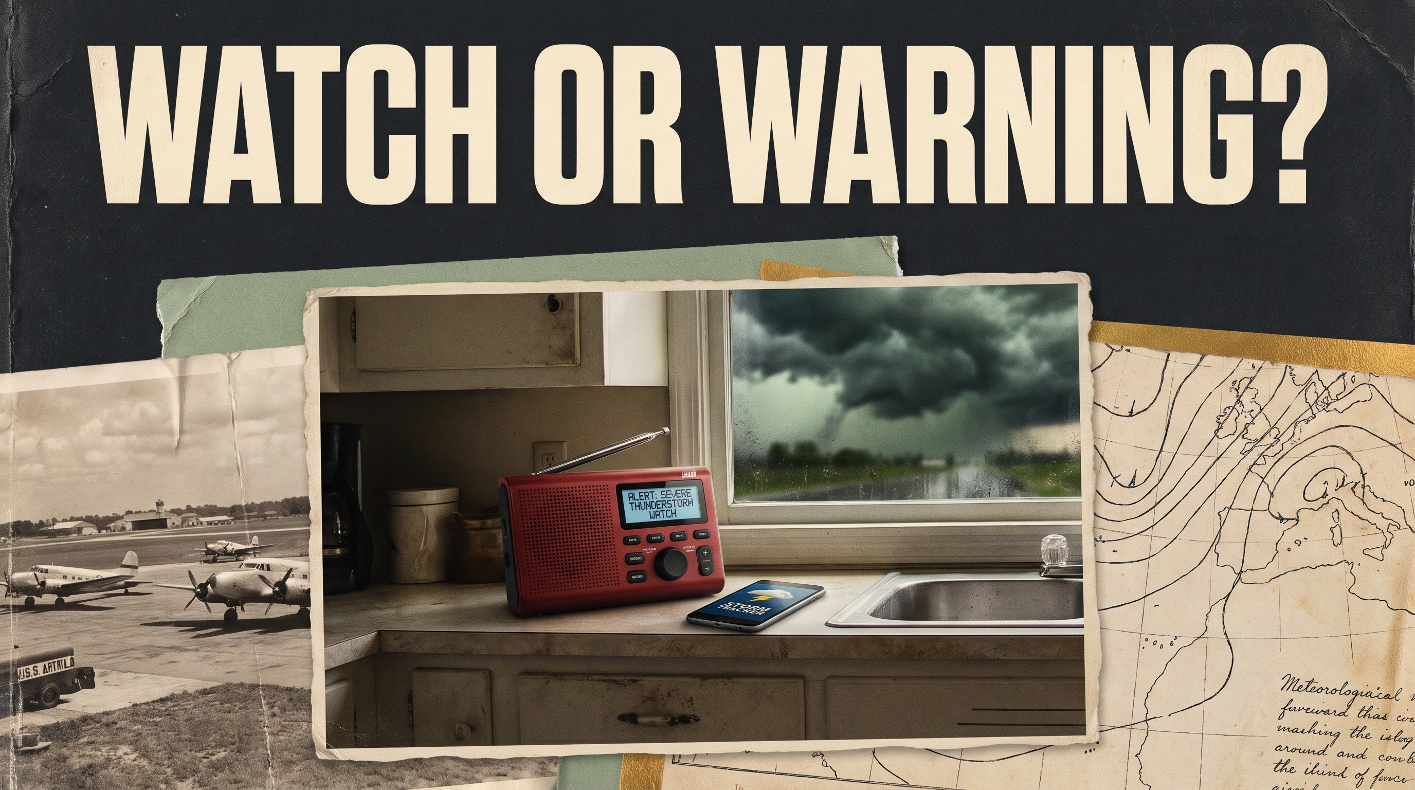Illustrative documentary collage: Weather radio and phone on kitchen counter, storm clouds through window, faded 1948 airfield and old forecast map behind, tense but calm preparedness documentary, no fabricated forecast map labels.