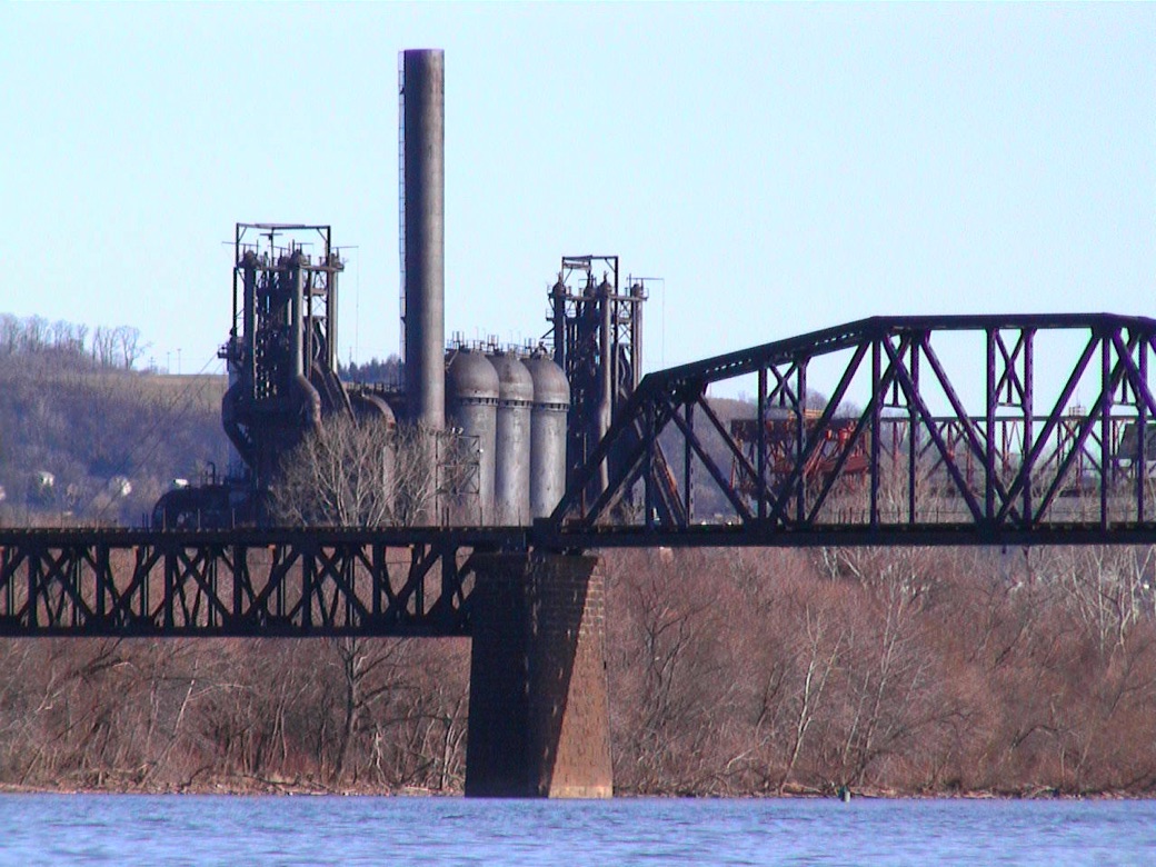 The Carrie Blast Furnaces seen across the Monongahela, behind the old Hot Metal rail bridge