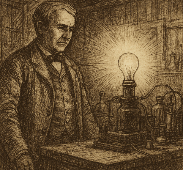 Sepia ink sketch of Edison’s Menlo Park lab with early glowing light bulb, cross-hatched shading, aged paper texture