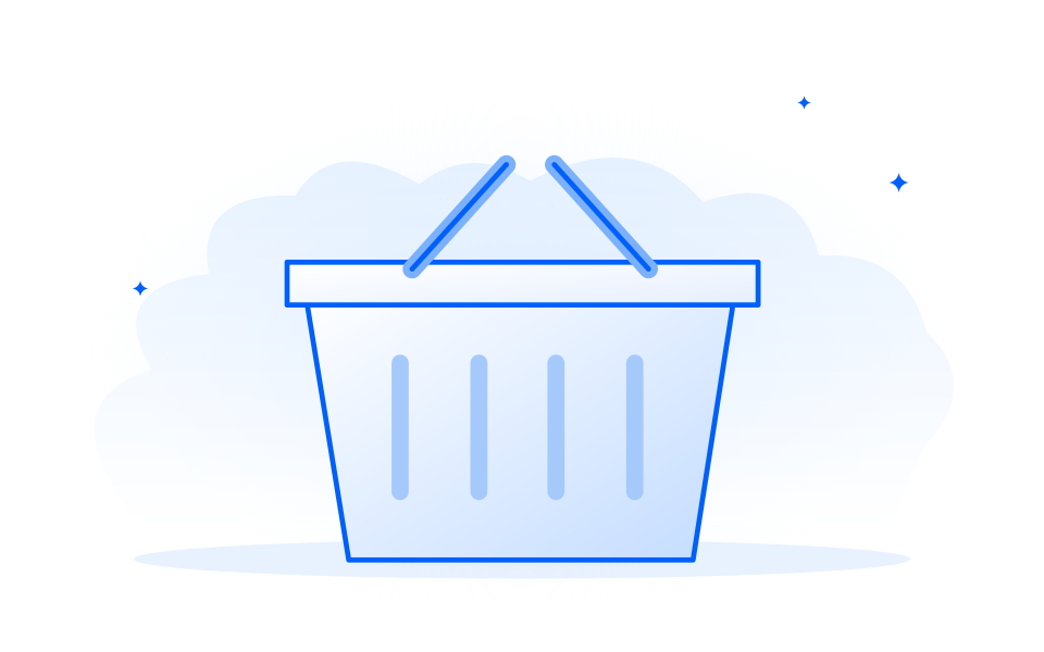 A blue line illustration of a shopping basket.