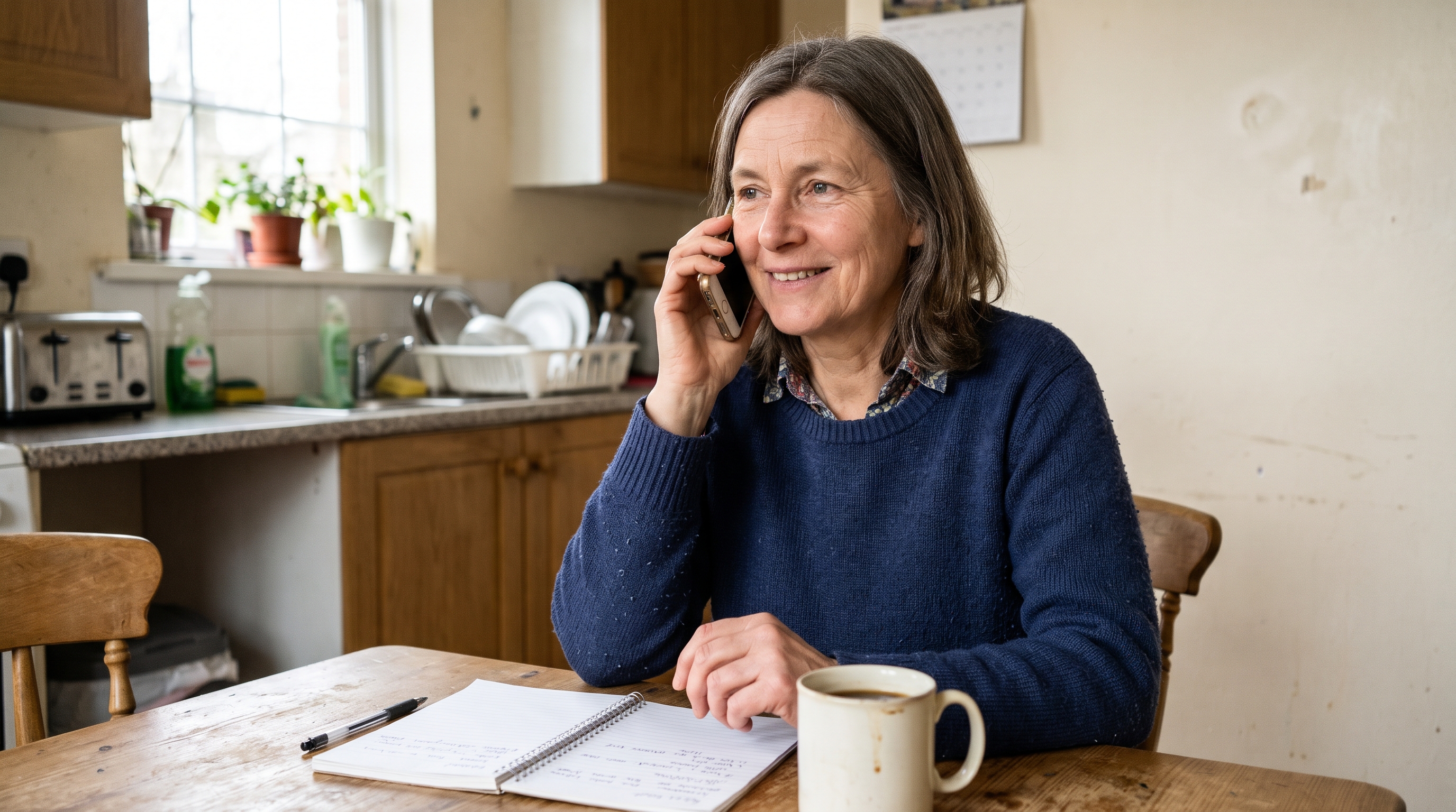 Illustrative household task: a woman making a friendly phone call at home.