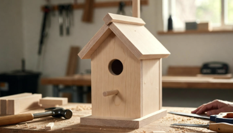 Simple wooden birdhouse on a workbench