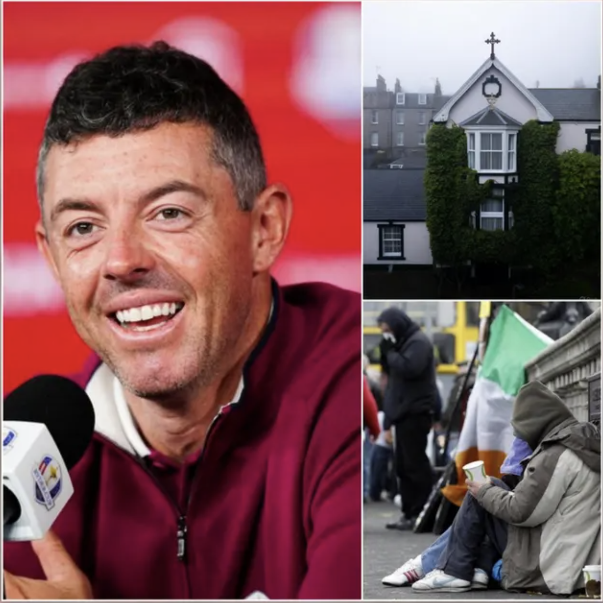 Golfer Rory McIlroy pictured beside images meant to suggest a massive charitable donation to homeless shelters, a gift that was never actually possible