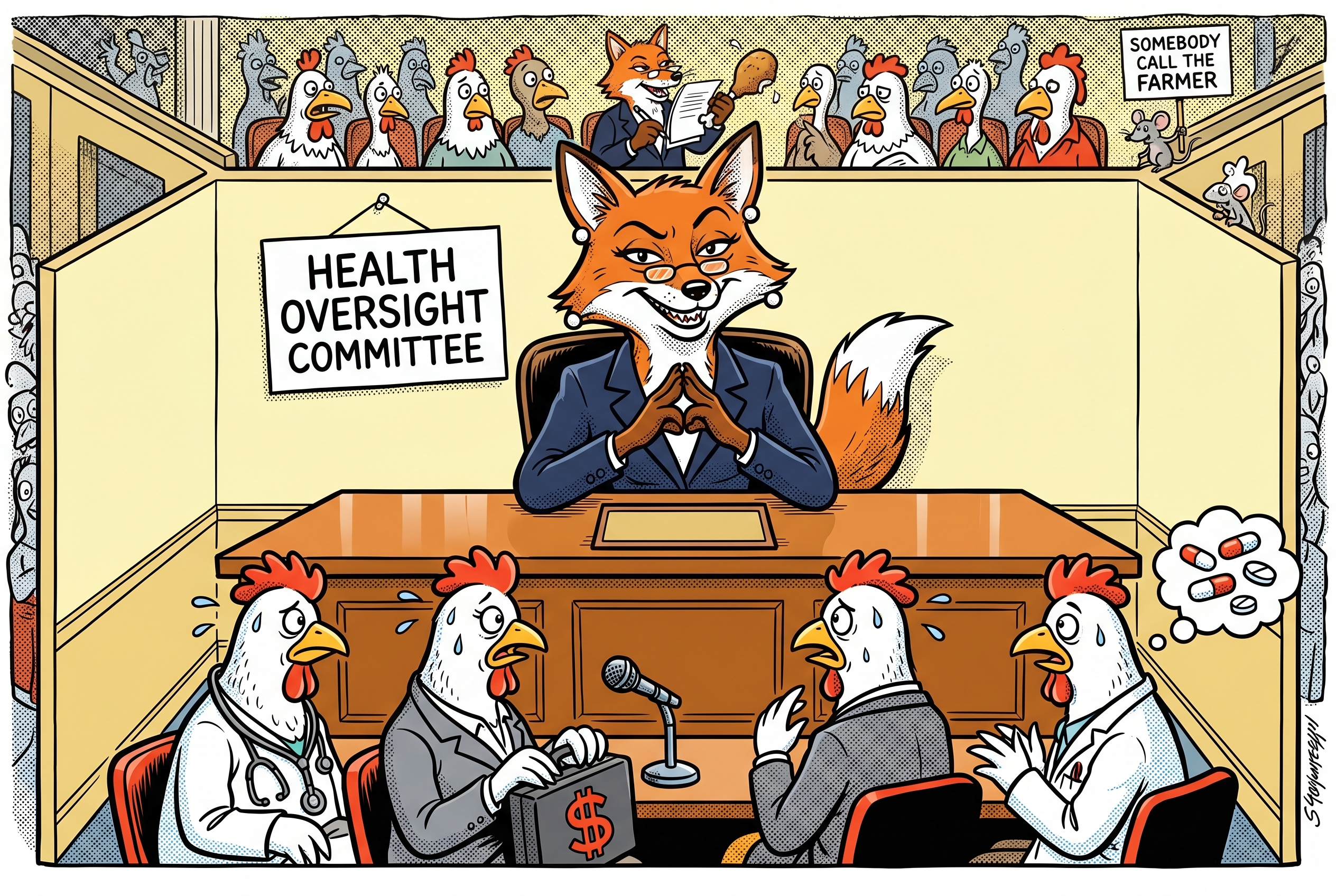 A MAD Magazine satirical cartoon: a fox in a navy blazer and pearl earrings sits behind an oversized wooden Senate committee dais labeled 'HEALTH OVERSIGHT COMMITTEE,' with three nervous cartoon hens dressed as pharmaceutical-industry archetypes testifying at the witness microphone.