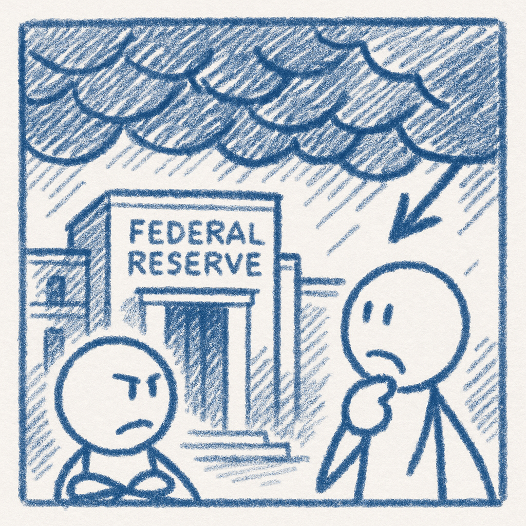 A tense scene of a Federal Reserve building with storm clouds overhead, symbolizing political pressure and market uncertainty, dramatic and foreboding.