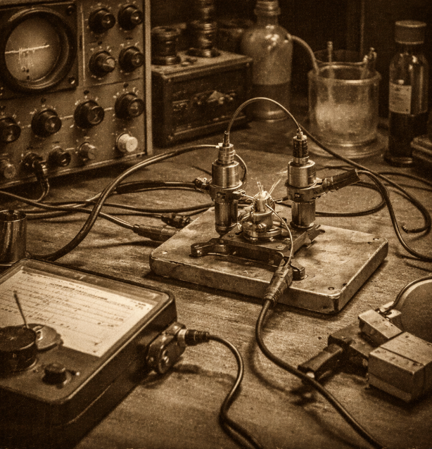 Early point-contact transistor apparatus on a laboratory bench