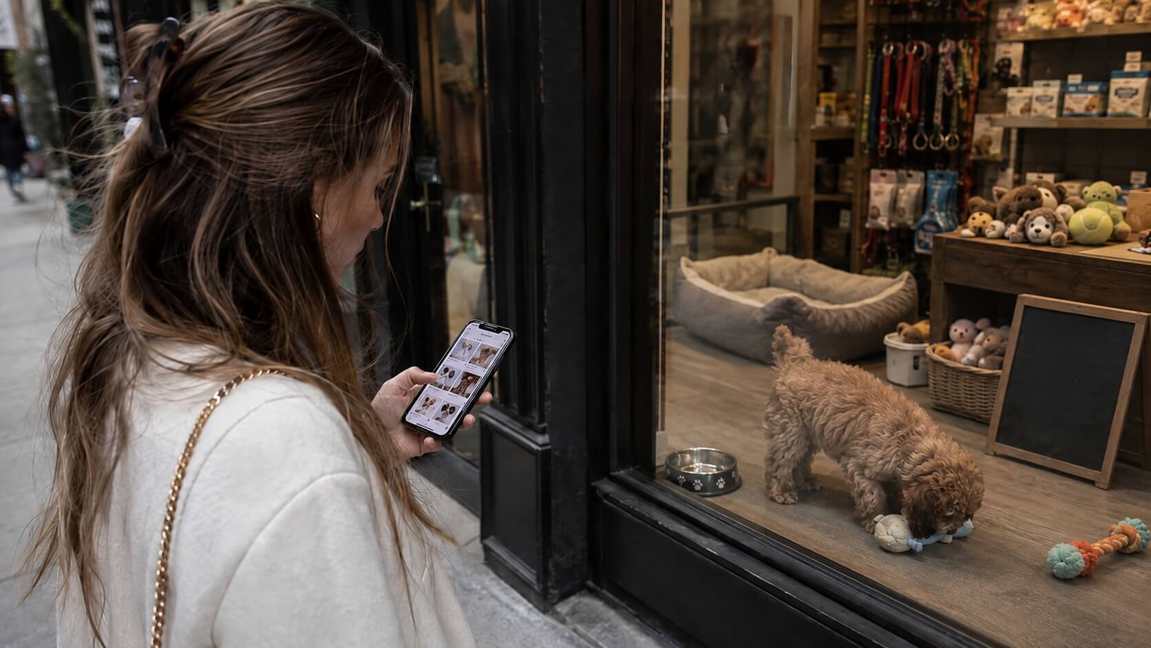 A woman looks through a pet store window at a puppy playing inside while holding a phone with puppy listings.