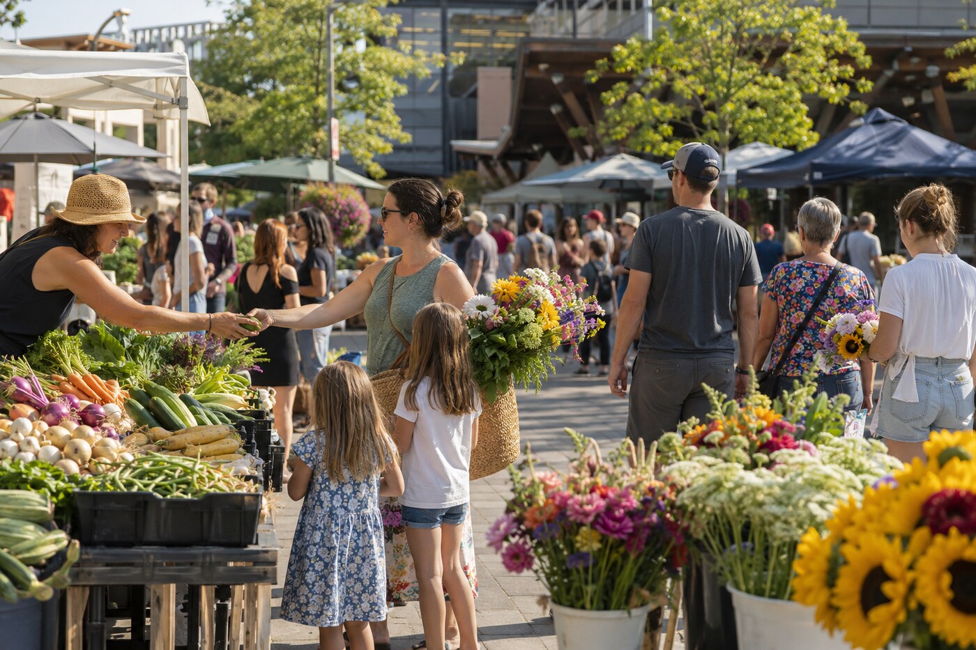 Shoppers browsing produce and baked goods at an outdoor community farmers market