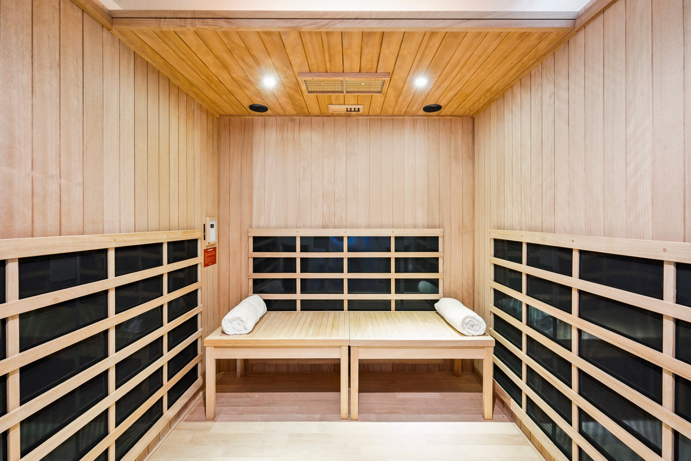 Wood-lined infrared sauna at Offshore Montauk