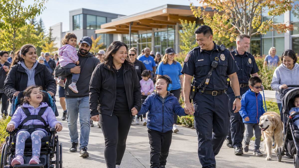 Families volunteers and firefighters joining an inclusive community walk in Richmond British Columbia