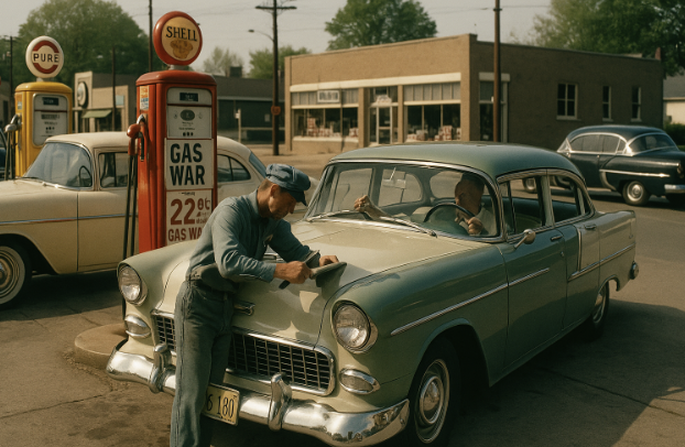 Full Service on a Gas Wars Corner, 1950s
