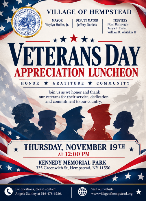Official flyer for Hempstead’s 2026 Veterans Day Appreciation Luncheon.