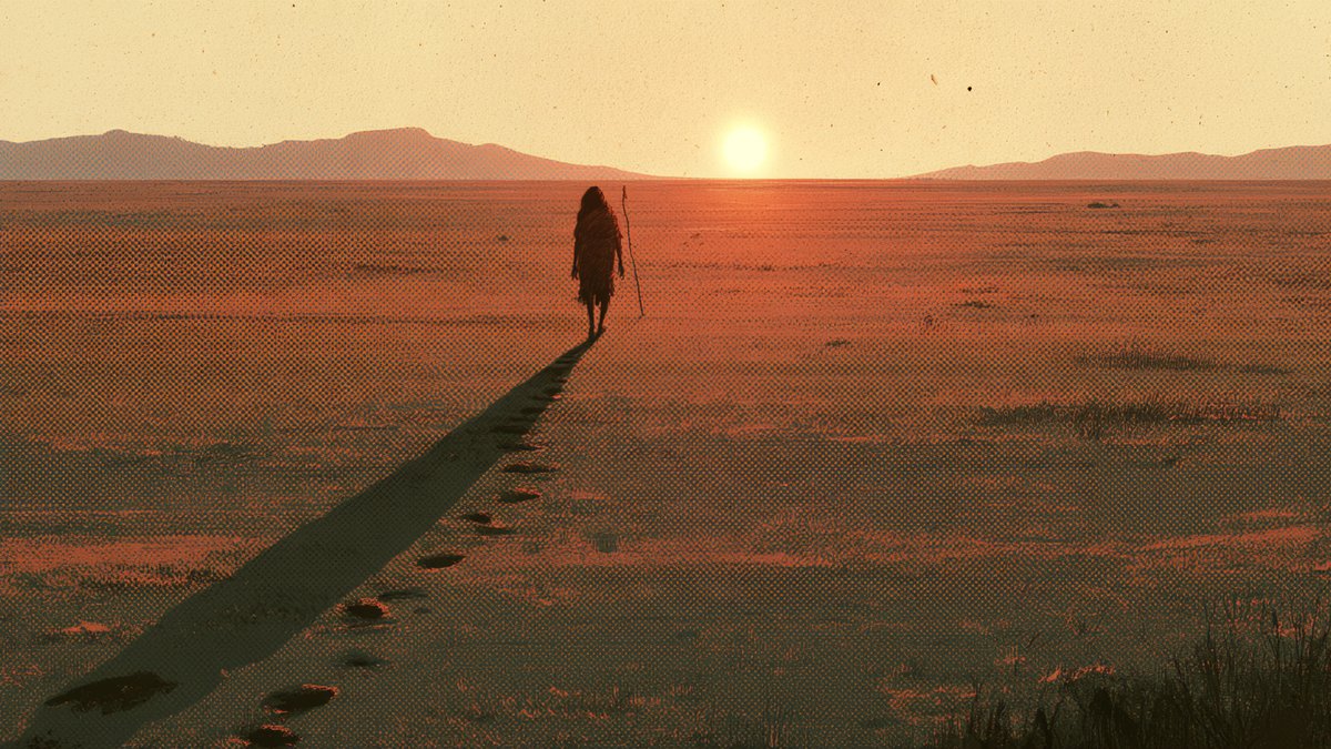 An illustration of a lone figure walking across an empty plain at sunset, leaving a line of footprints behind