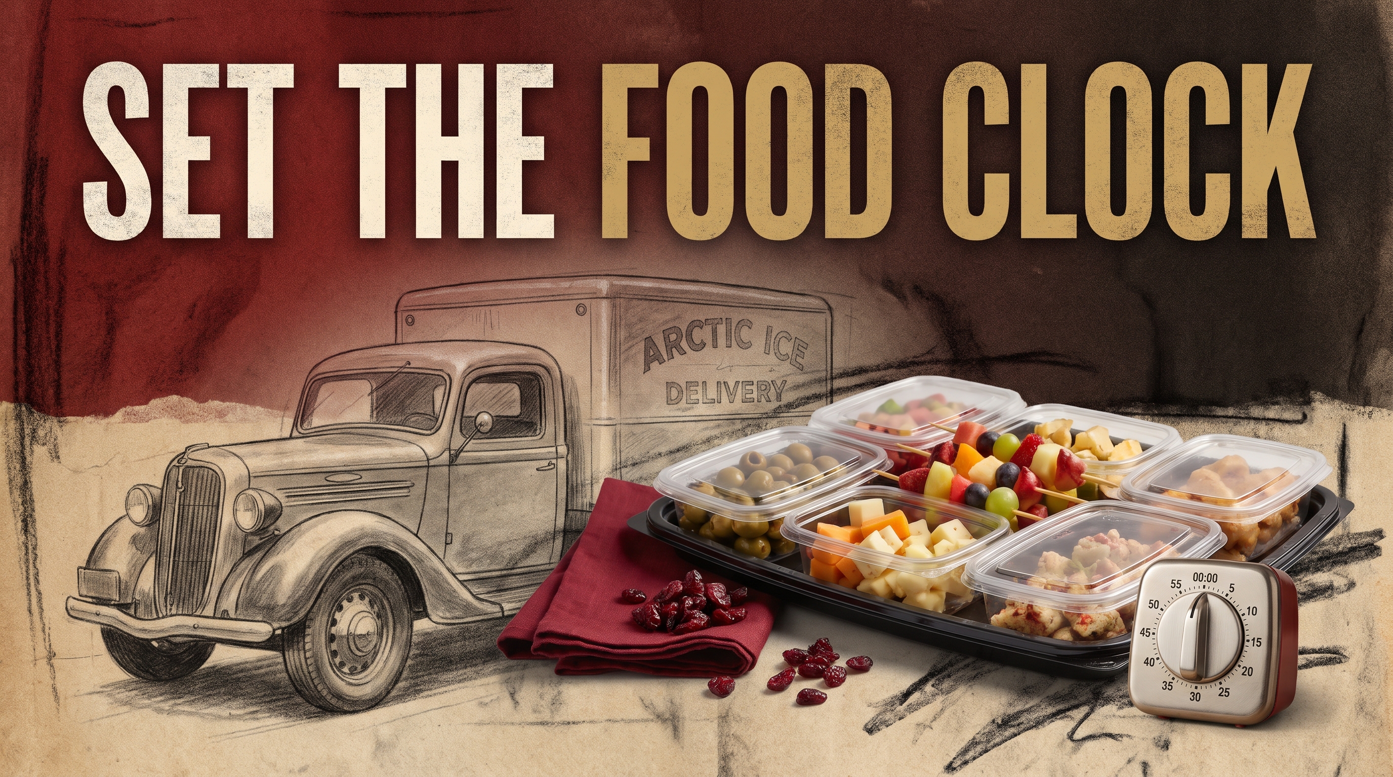 Illustrative documentary collage: 1930s refrigerated delivery truck as faint archival reconstruction, modern party food tray with shallow chilled containers and simple kitchen timer, no fake statistics.
