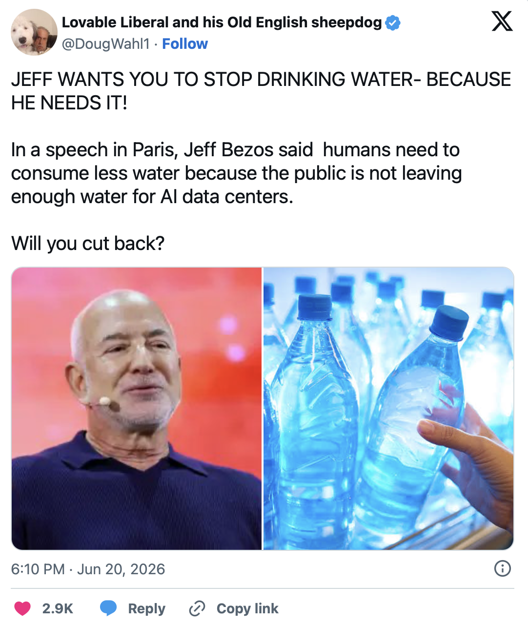 A furious ‘Bezos says water for AI beats water for people’ quote card that he never actually said