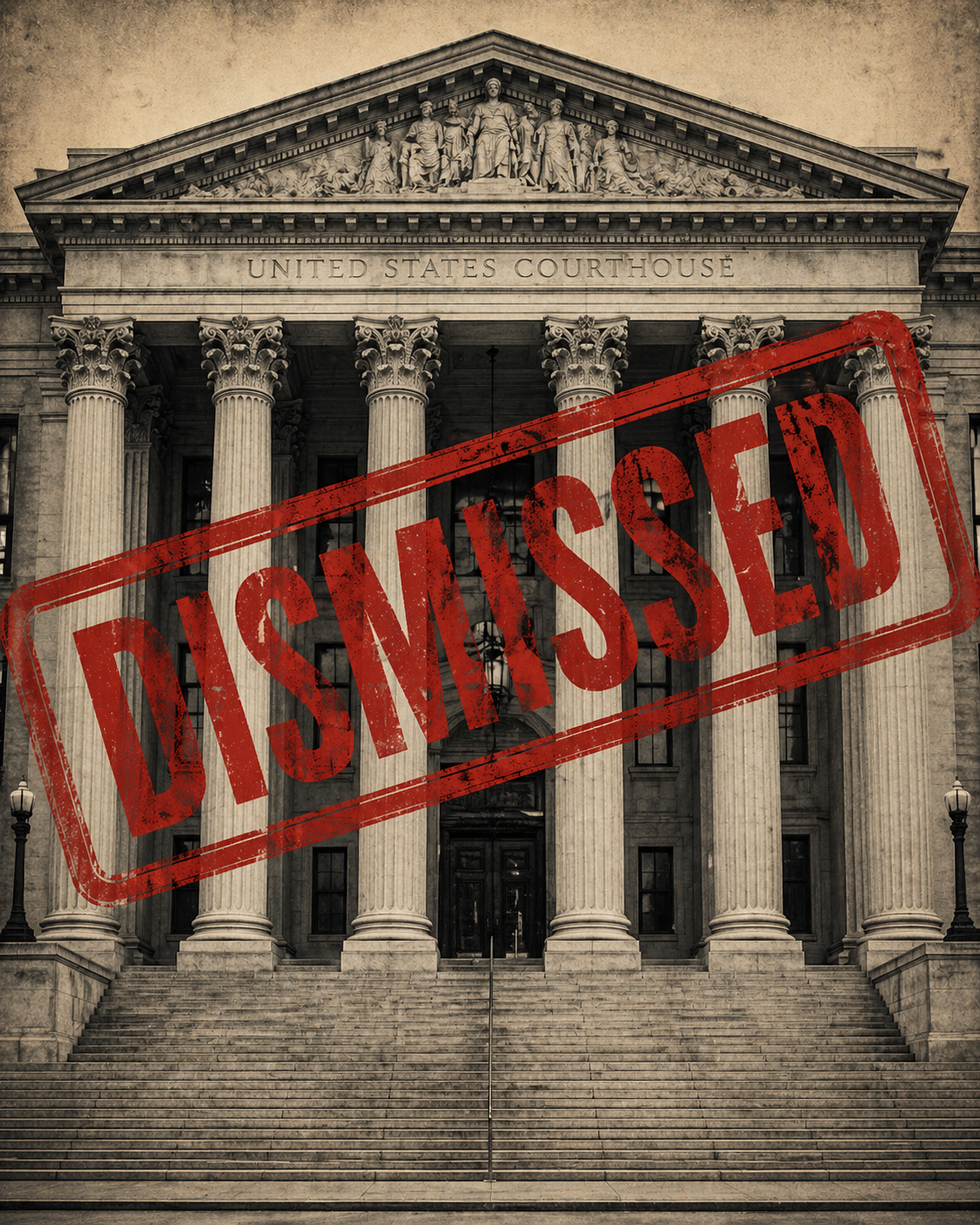 Federal courthouse facade with case dismissed stamped across the entrance, editorial black and white
