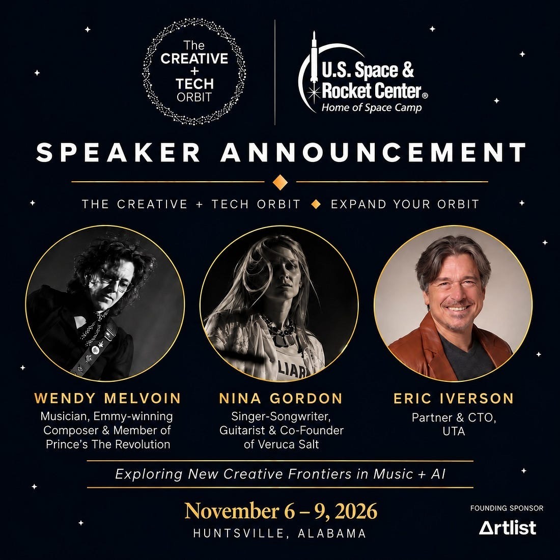 Expand Your Orbit speaker announcement: Wendy Melvoin, Nina Gordon and Eric Iverson. November 6-9, 2026, Huntsville, Alabama.