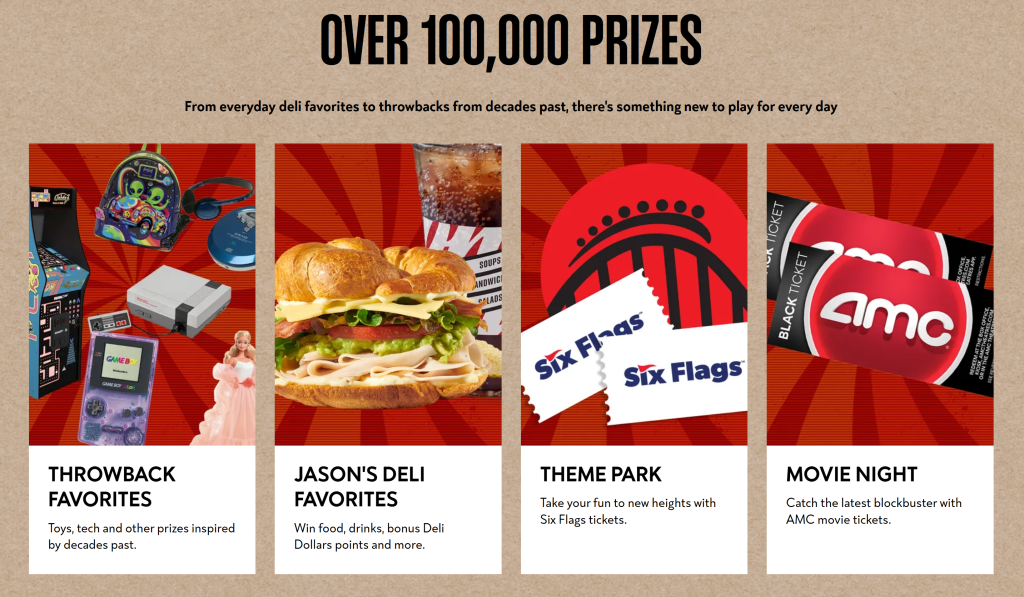 Jason's Deli anniversary promotion shows throwback prizes, food, theme park passes and movie tickets. Screen capture from Jason's Deli, via Franchise Brief.