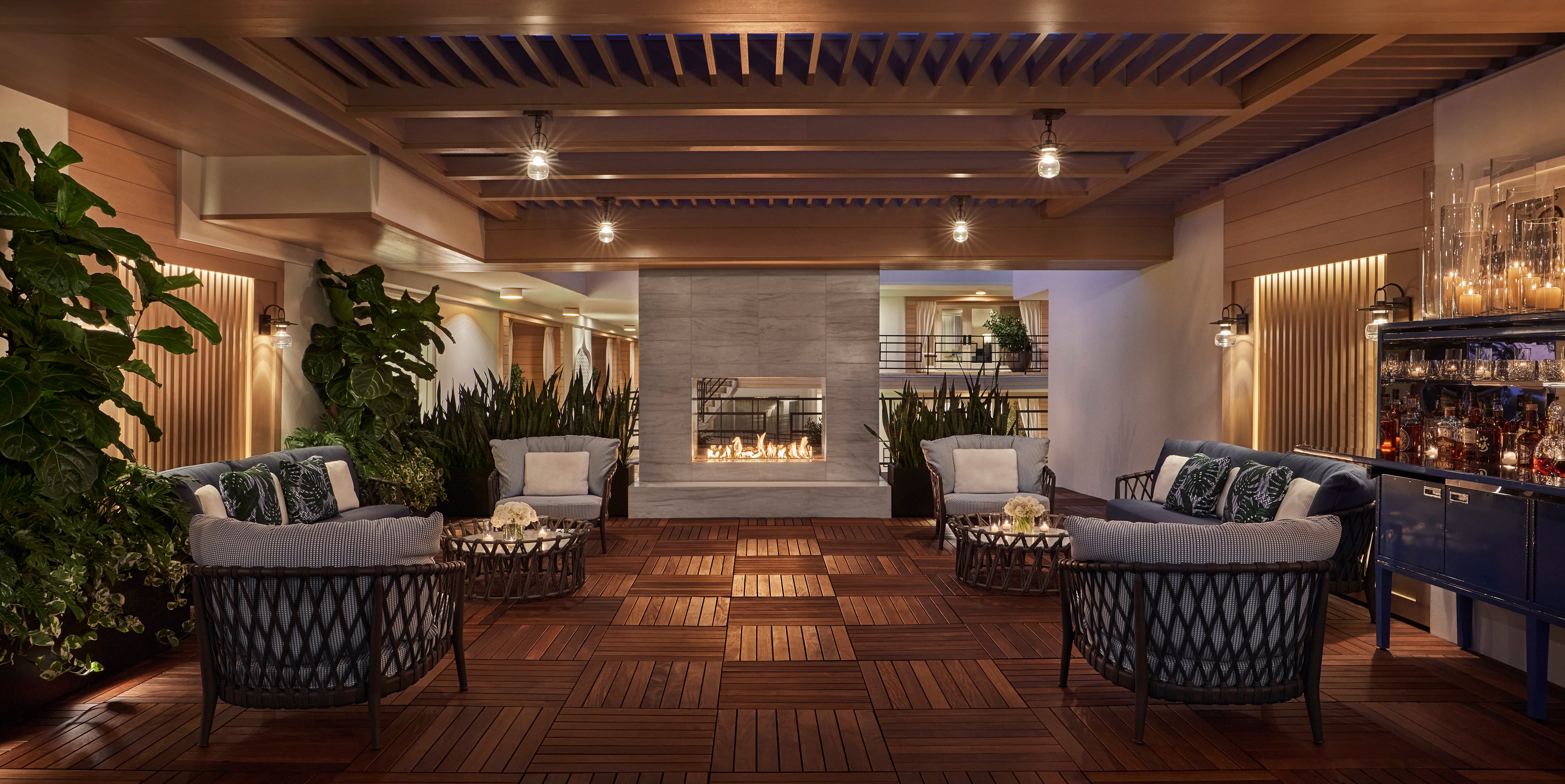 Open-air lounge and fireplace at Oceana Santa Monica