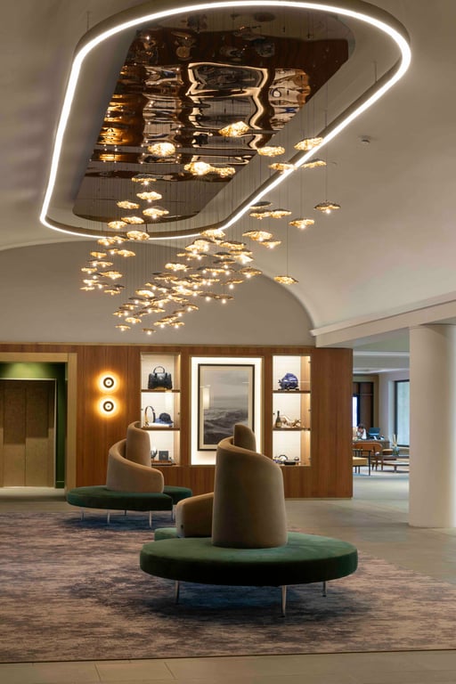 Contemporary lobby and sculptural lighting at Castelfalfi