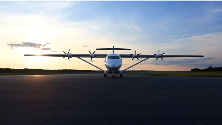 The Heart Aerospace X1 electric aircraft on a runway at sunset