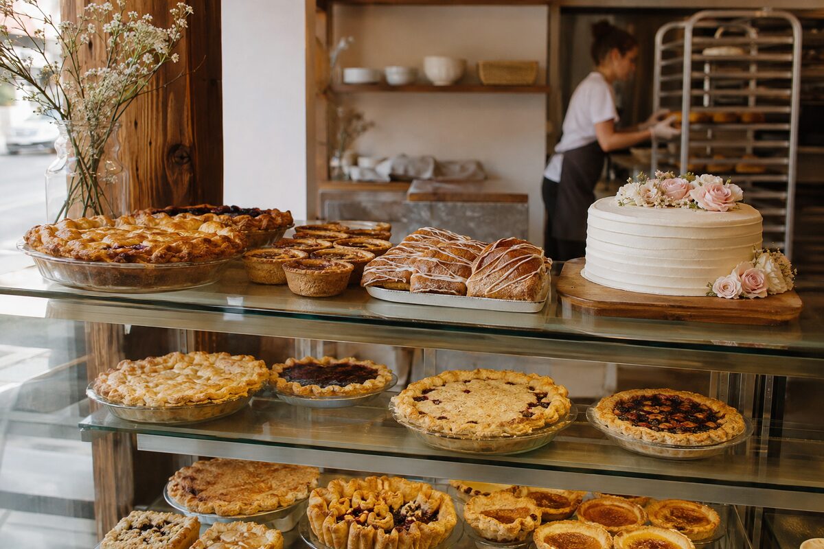 Display case filled with fruit pies, pastries, butter tarts and a celebration cake