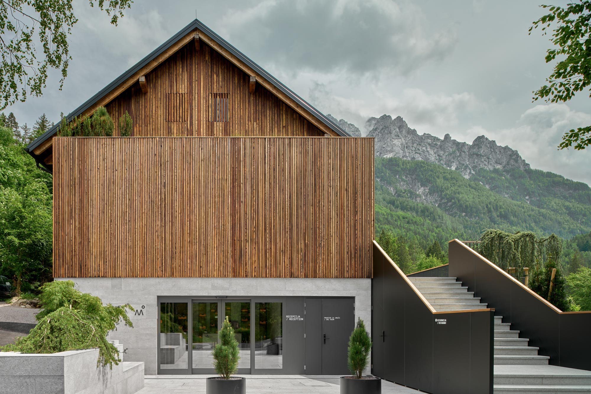 Timber facade of Boutique Hotel Milka in the Julian Alps