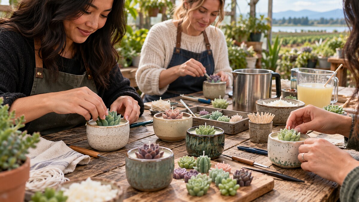 Succulent-inspired candle-making workshop at Vandula Farms in Delta BC