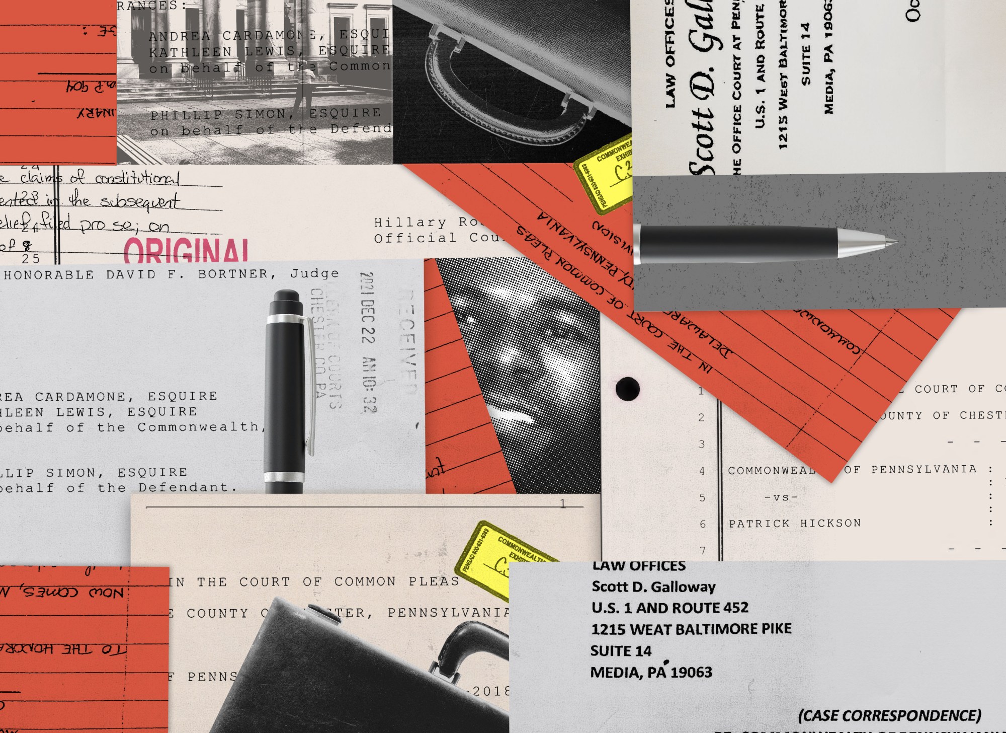 A collage of overlapping legal documents partially obscuring a man’s face