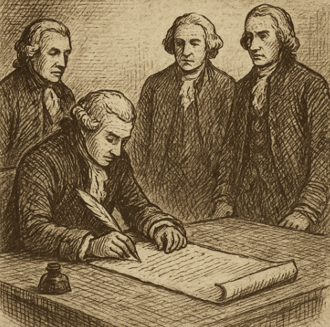 Sepia illustration of the Treaty of Paris signing, 1783