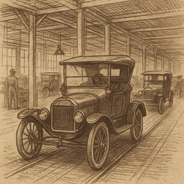 Sepia sketch of early Ford Model T automobile and factory line